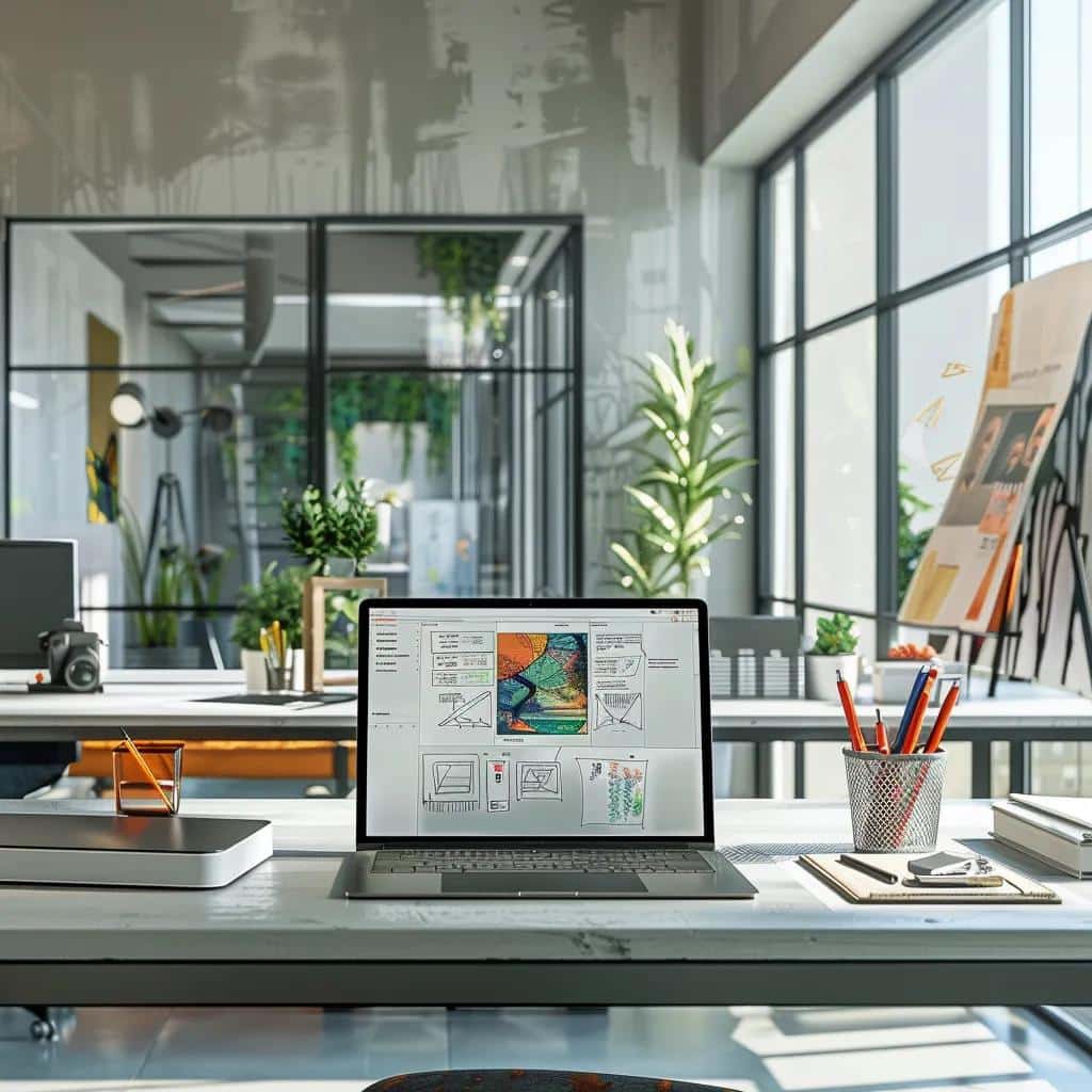 a sleek, modern office workspace showcases a laptop displaying an intuitive website builder interface, surrounded by vibrant sketches and digital mockups, emphasizing the theme of enhancing business online presence.