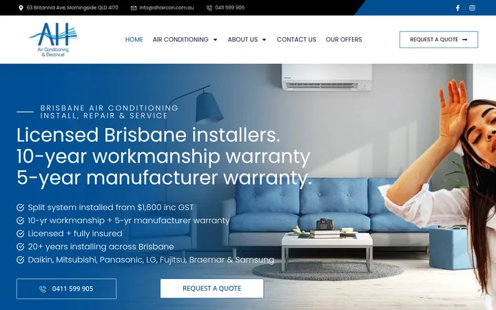 AH Air Con homepage, a website built and managed by Sites Crafted