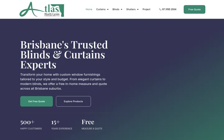 Atlas Blind and Curtain homepage, a website built and managed by Sites Crafted