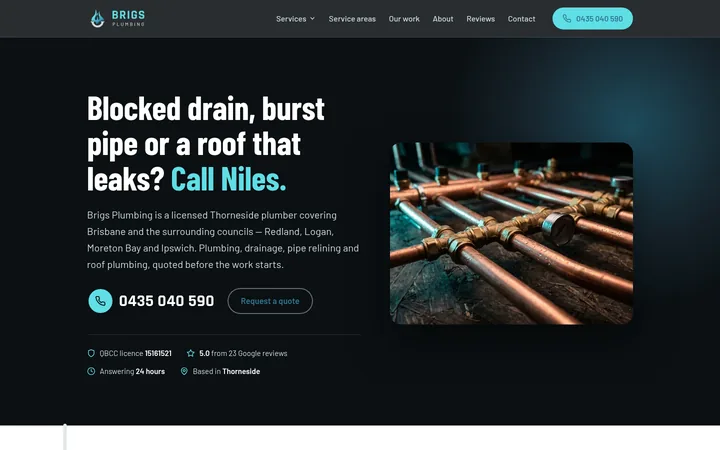 Brigs Plumbing homepage, a website built and managed by Sites Crafted