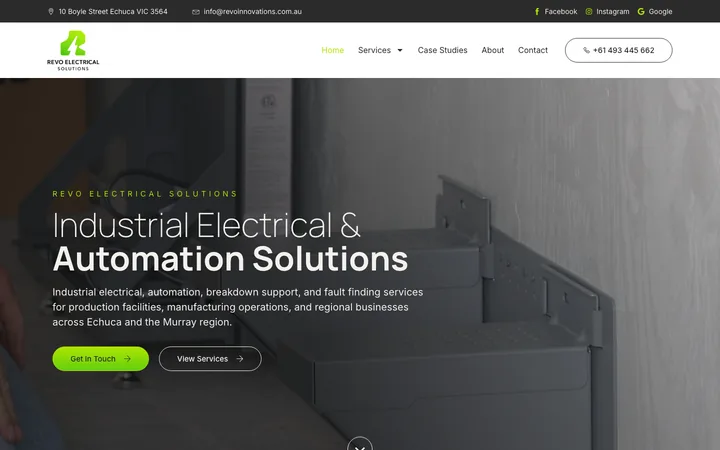 Revo Electrical Solutions homepage, a website built and managed by Sites Crafted